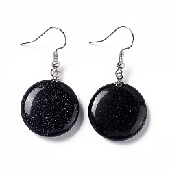 Blue Goldstone Synthetic Blue Goldstone Flat Round Dangle Earrings, Platinum Brass Jewelry for Women, 42mm, Pin: 0.7mm