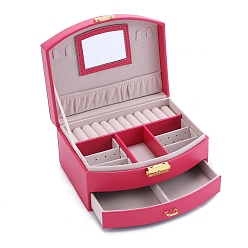 Deep Pink 2-Tier Imitatoin Leather Jewelry Organizer Storage Drawer Boxes, with Mirror Inside, Rectangle, Deep Pink, 20x16x10.5cm