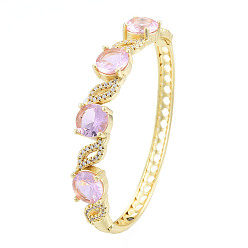 Pink Cubic Zirconia Flat Round & Leaf Hinged Bangle, Real 18K Gold Plated Brass Jewelry for Women, Pink, Inner Diameter: 2x2-3/8 inch(5.2x6cm)