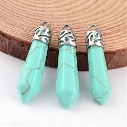 Synthetic Turquoise Dyed Bullet Synthetic Turquoise Pendants, with Platinum Tone Alloy Findings, 33~40x8~10mm, Hole: 3x2mm