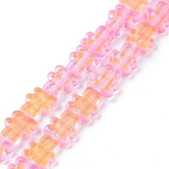 Hot Pink Transparent Electroplate Glass Beads Strands, AB Color Plated, Bear, Hot Pink, 9~9.5x8x2.5mm, Hole: 0.7mm, about 45pcs/strand, 16.46 inch(41.8cm)