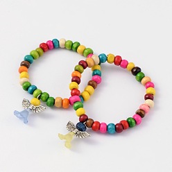 Couleur Mélangete Enfants bracelets bracelets élastiques en perles de bois, avec des pendentifs acryliques en alliage, belle robe de mariée ange dangle, couleur mixte, 45mm