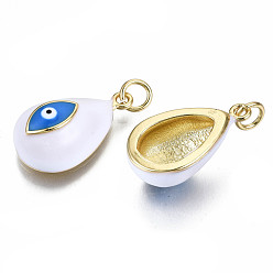 White Real 16K Gold Plated Brass Enamel Pendants, with Jump Ring, Cadmium Free & Nickel Free & Lead Free, Teardrop with Evil Eye, White, 19~20x11x7~8mm, Jump Ring: 5x0.6mm, Inner Diameter: 3mm