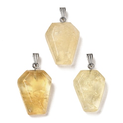 Citrine Natural Citrine Pendants, Faceted Hexagon Charms with Rack Plating Stainless Steel Color Plated 201 Stainless Steel Snap on Bails, Cadmium Free & Lead Free, 28.5~31x18~20x7~8mm, Hole: 3x8mm