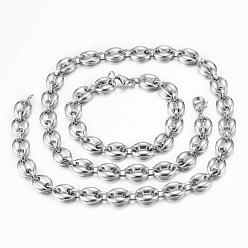 Stainless Steel Color 201 Stainless Steel Jewelry Sets, Coffee Bean Chain Necklaces and Bracelets, with Lobster Claw Clasps, Oval, Stainless Steel Color, 23.6 inch(60cm)