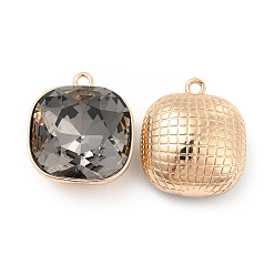 Diamante Negro K 9 colgantes de vidrio, con fornitura de latón dorado claro, encantos cuadrados, diamante negro, 20x17.5x8.5 mm, agujero: 1.6 mm