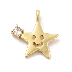 Golden Star with Smiling Face Brass Micro Pave Clear Cubic Zirconia Pendants, Cadmium Free & Lead Free, Golden, 17x16x2.8mm, Hole: 1.8mm
