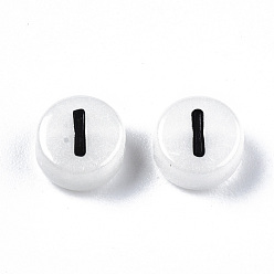 Letter I Acrylic Beads, with Enamel and Luminous, Horizontal Hole, Flat Round with Black Letter, Glow in the Dark, Light Grey, Letter.I, 7x3.5mm, Hole: 1.5mm, about 3600~3700pcs/500g
