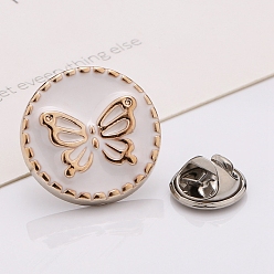 Snow Plastic Brooch, Alloy Pin, with Enamel, for Garment Accessories, Round with Butterfly, Snow, 18mm