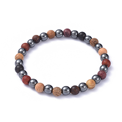 Mixed Material Stretch Bracelets, with Wood Beads and Non-Magnetic Synthetic Hematite Beads, Round, 2-1/4 inch(5.7cm), Beads: 6~6.5mm