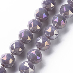 Pourpre Moyen Perles en verre electroplate, de couleur plaquée ab , ronde à facettes, support violet, 10x9.5mm, Trou: 1.2mm, Environ 60 pcs/chapelet, 21.65 pouces~22.05 pouces (55cm~56cm)