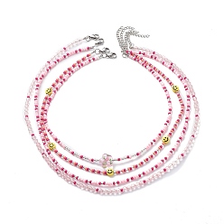 Pink 4Pcs 4 Style Smiling Face Flower Acrylic & Glass Seed Beaded Necklaces Set for Women, Pink, 15.16~20.28 inch(38.5~51.5cm), 1Pc/style