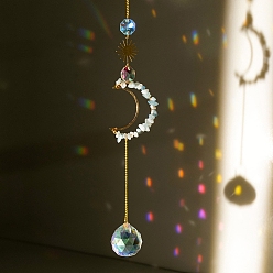 Aquamarine Natural Aquamarine Chip Pendant Decorations, Suncatchers, with Glass, Moon, 330~350mm