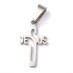 Stainless Steel Color Easter 304 Stainless Steel Pendants, Cross with Word Jesus, Stainless Steel Color, 21x12x1.2mm, Hole: 3.5x7mm