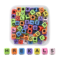 Mixed Color Craft Style Acrylic Beads, Cube with Random Mixed Letters, Mixed Color, 6x6x6mm, Hole: 3mm, 100pcs/box