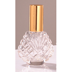 Oro Botella de spray de perfume de vidrio vacía con forma de concha, con tapa de aluminio, atomizador de niebla fina, dorado, 7.1x4.7 cm, capacidad: 15 ml (0.51 fl. oz)
