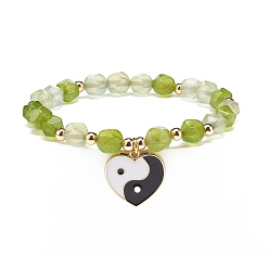 Jade Blanc Bracelet extensible en jade blanc naturel, coeur en alliage d'émail avec bracelet à breloques yin yang pour femme, diamètre intérieur: 2-1/8 pouce (5.3 cm)