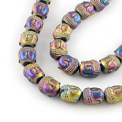 Plaqué Multicolore Matte electroplated non-magnétiques perles d'hématite synthétique brins, tête de bouddha, multi-couleur plaquée, 10x9x7mm, Trou: 1mm, Environ 40 pcs/chapelet, 15.7 pouce