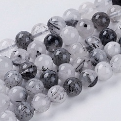 Quartz Rutilated Naturel noir quartz rutile brins de perles, ronde, noir, taille: environ 8mm de diamètre, Trou: 1mm, Environ 45 pcs/chapelet, 15 pouce