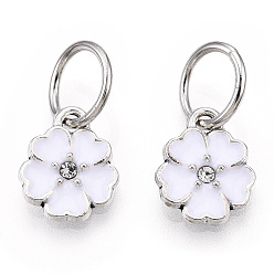 White Enamel Style Flower Alloy Rhinestone Charms, with Iron Findings, Antique Silver, White, 13.5x11x3mm, Hole: 6mm