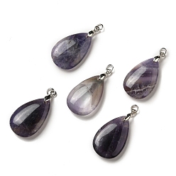 Amethyst Natural Amethyst Pendants, Teardrop Charms, with Platinum Plated Brass Snap on Bails, Lead Free & Cadmium Free, 28~29x18~18.5x6~7mm, Hole: 3mm