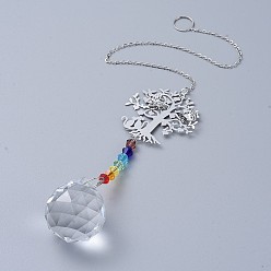 Clair Cristal lustre suncatchers prismes chakra pendentif suspendu, avec des chaînes de câble de fer, perles de verre et pendentifs en laiton, arbre avec rond, clair, 350mm