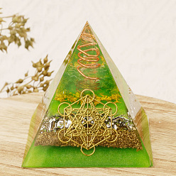 Lime Green Resin Orgonite Pyramid Home Display Decorations, with Natural Gemstone Chips, Lime Green, 50x50x50mm