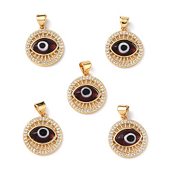 Saddle Brown Lampwork Evil Eye Pendants with Clear Cubic Zirconia, Real 18K Gold Plated Brass Findings, Lead Free & Cadmium free, Saddle Brown, 18x16x4mm, Hole: 3x3.5mm