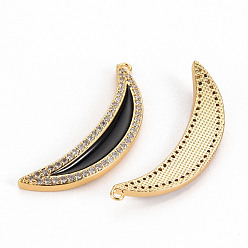 Black Brass Micro Pave Clear Cubic Zirconia Pendants, with Enamel, Real 18K Gold Plated, Moon, Black, 37x13x3.5mm, Hole: 1.2mm