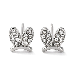 Stainless Steel Color 304 Stainless Steel with Rhinestone Stud Earrings, Rabbit Ear, Stainless Steel Color, 7.2x6.8mm