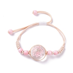 Pink Handmade Dry Pressed Flower Link Bracelet for Girl Women, Babysbreath Glass Cover Beads Adjustable Bracelet, Pink, Inner Diameter: 5/8~ 3-1/8 inch(1.5~7.9cm)
