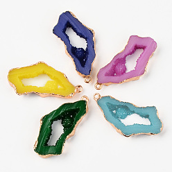 Mixed Color Druzy Resin Pendants, Imitation Geode Druzy Agate Slices, with Edge Light Gold Plated Iron Loops, Nuggets, Mixed Color, 40.5~41.5x19.5x5.5mm, Hole: 1.6mm