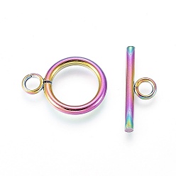 Rainbow Color Ion Plating(IP) 304 Stainless Steel Toggle Clasps, Ring, Rainbow Color, Ring: 18.5x14x2mm, Inner Diameter: 10mm, Bar: 20x7x2mm, Hole: 3mm