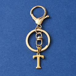 Letter T 304 Stainless Steel Initial Letter Charm Keychains, with Alloy Clasp, Golden, Letter T, 8.5cm