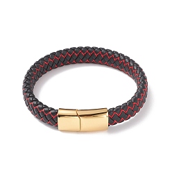 Golden Leather Braided Cord Bracelets, with Nylon and 304 Stainless Steel Magnetic Clasp, Rectangle, Golden, 8-5/8 inch(22cm), 12x6mm
