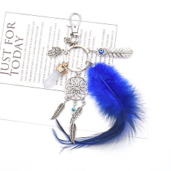 Bleu Porte-clés pendentif en alliage et verre, avec l'anneau de la clé de fer, gland de plumes, filet/toile tissé avec plume et balle et main hamsa, bleu, 10 cm