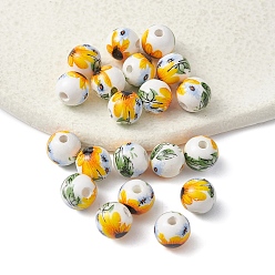 Yellow Handmade Porcelain Beads, Round with Sunflower Pattern, Yellow, 8mm, Hole: 1.8mm