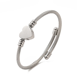 Couleur Acier Inoxydable 201 bracelet manchette perlé cœur en acier inoxydable, bracelet torque pour femme, couleur inox, diamètre intérieur: 2-1/4 pouce (5.75 cm)