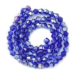 Blue Transparent Glass Beads, AB Color Plated, Faceted Bicone, Blue, 4x4mm, Hole: 1mm, about 92~96pcs/strand, 13.78~14.37 inch