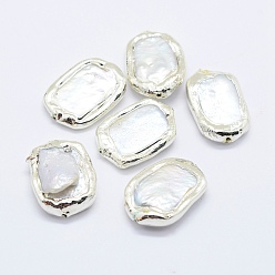 Silver Natural Cultured Freshwater Pearl Beads, Edge Silver Color Plated Plated, Rectangle, Silver, 18.5~24x11.5~18.5x4~9mm, Hole: 1mm