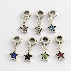 Mixed Color Alloy Rhinestone European Dangle Charms, Star, Antique Silver, Mixed Color, 24mm, Hole: 4mm