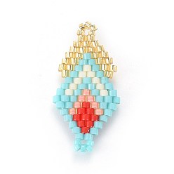 Colorful MIYUKI & TOHO Handmade Japanese Seed Beads Links, Loom Pattern, Double Rhombus, Pale Turquoise, 27~29x13~14x1.7mm, Hole: 1.5mm