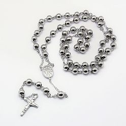 Couleur Acier Inoxydable Chapelet collier de perles des hommes avec croix crucifix, 304 collier en acier inoxydable pour Pâques, couleur inox, 21.7 pouce (55 cm)