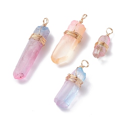 Light Gold Electroplate Natural Quartz Crystal Pendants, with Copper Wire Wrapped, Two Tone, Dyed, Nuggets, Light Gold, 30~54x10~13.5x10~12mm, Hole: 3.5~5mm
