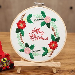 Christmas Wreath Kits de broderie de thème de noël bricolage, y compris le tissu en coton imprimé, fil à broder et aiguilles, cercle à broder en plastique, guirlande de noël, 275x275mm