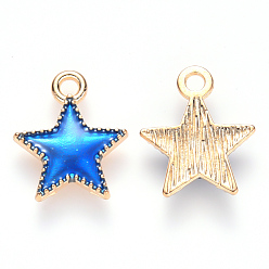 Bleu Charmes d'émail d'alliage, étoiles, or et de lumière, bleu, 15x13x2mm, Trou: 1.6mm