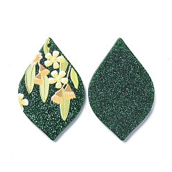 Морско-зеленый Акриловые подвески, 3 d распечатано, с блеском порошок, лист с цветочным узором, цвета морской волны, 43x27x2 мм, отверстие : 1.6 мм