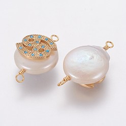 Cancer Natural Pearl Links connectors, with Brass Micro Pave Cubic Zirconia Findings, Flat Round with Constellation, Golden, Deep Sky Blue, Cancer, 20~26x9~17x5~11mm, Hole: 1.6mm
