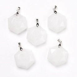Cristal de Quartz Pendeloques de cristal de quartz naturel, cristal de roche, avec les accessoires en laiton de tonalité de platine, facette, hexagone, 37x24x10mm, Trou: 4x4mm