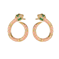 Pink Cubic Zirconia Snake Stud Earrings with Enamel, Golden Plated Brass Jewelry for Women, Pink, 20.5x17mm